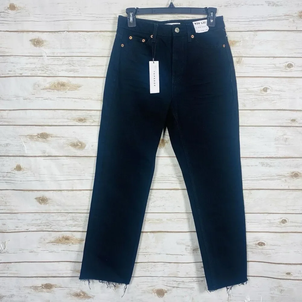 Topshop Women Straight Leg Jeans‎ High Rise Black Raw Hem Size W26 L32 US 4